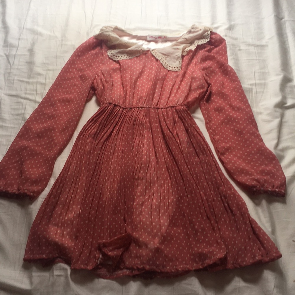 Pink chiffon pleated dress w/ white polka dots